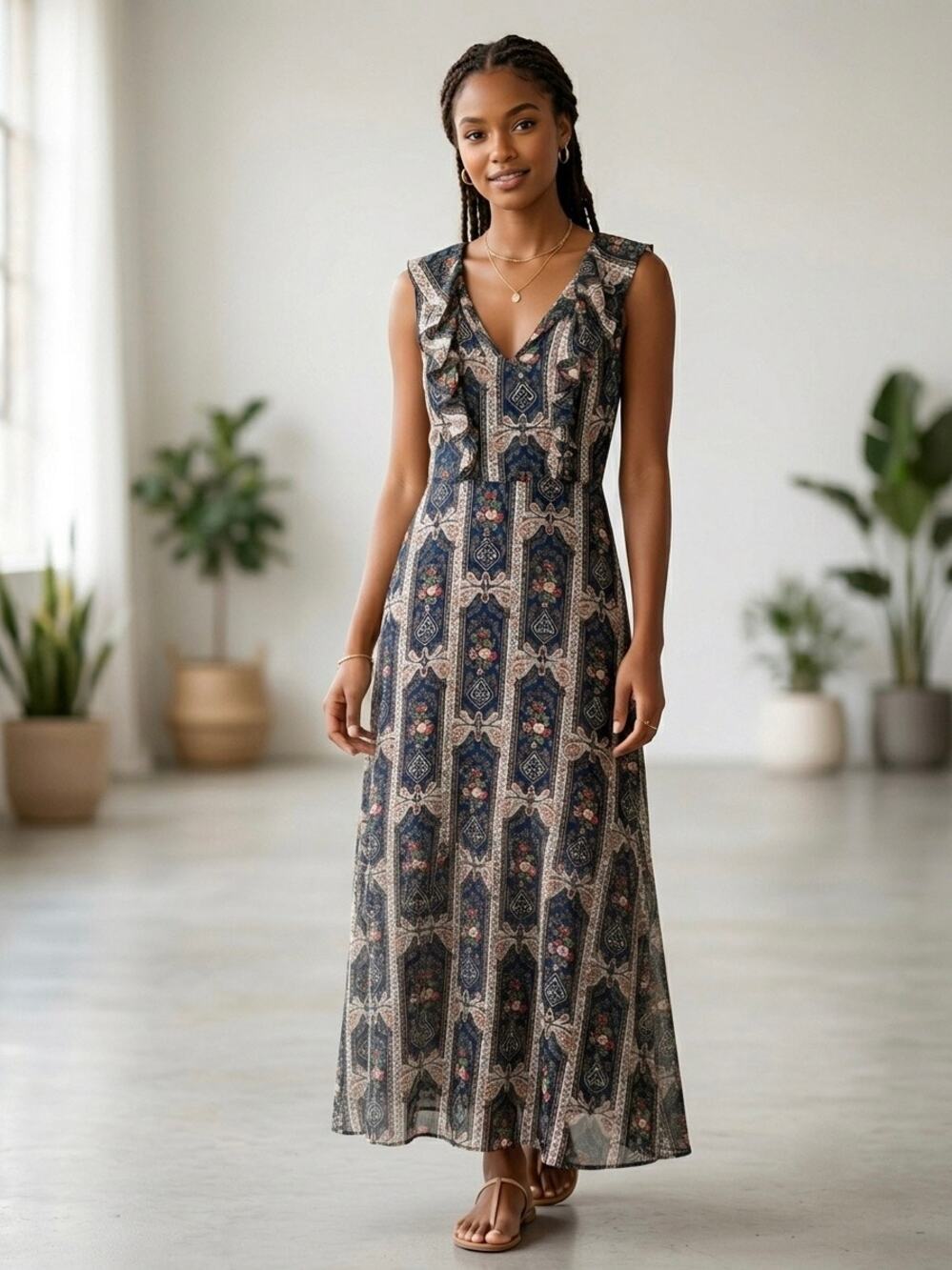 Anthropologie Eva Franco Maxi Dress Floral Ruffle Boho Cottagecore Size 6